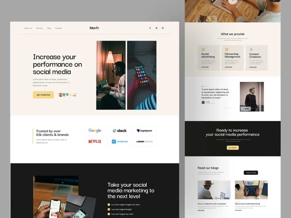 Landing page for a social media marketing agency